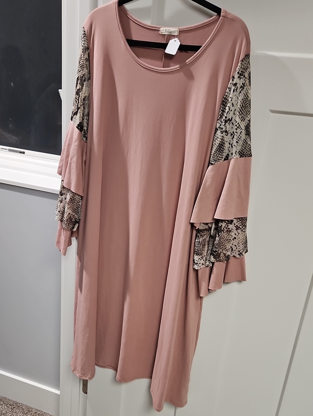 Blush Pink Midi Dress with Snake-Print Tiered Sleeves